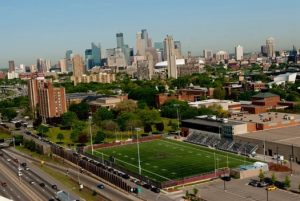 the Minneapolis skyline behind the Augsburg campus